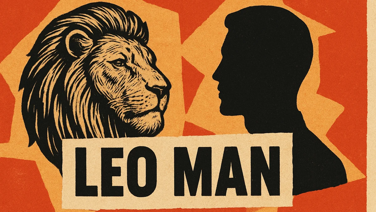 Leo man personality — retro pop-art collage of a confident man and a lion with bold text fragments