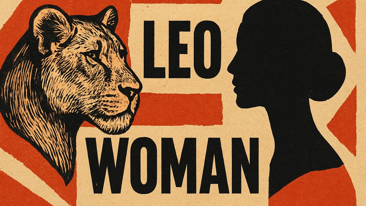 Leo woman personality — retro pop-art collage of a confident woman and a lioness with bold text fragments
