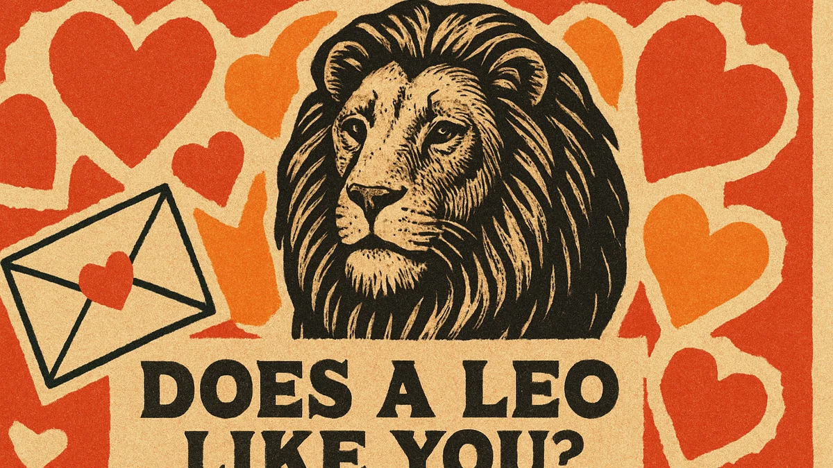 Signs a Leo likes you — retro pop-art collage of a lion with hearts and bold text fragments
