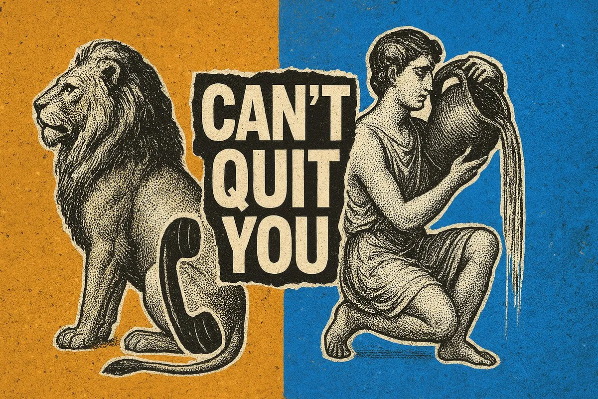 Leo and Aquarius compatibility — retro pop-art collage of a lion and water bearer in magnetic opposition