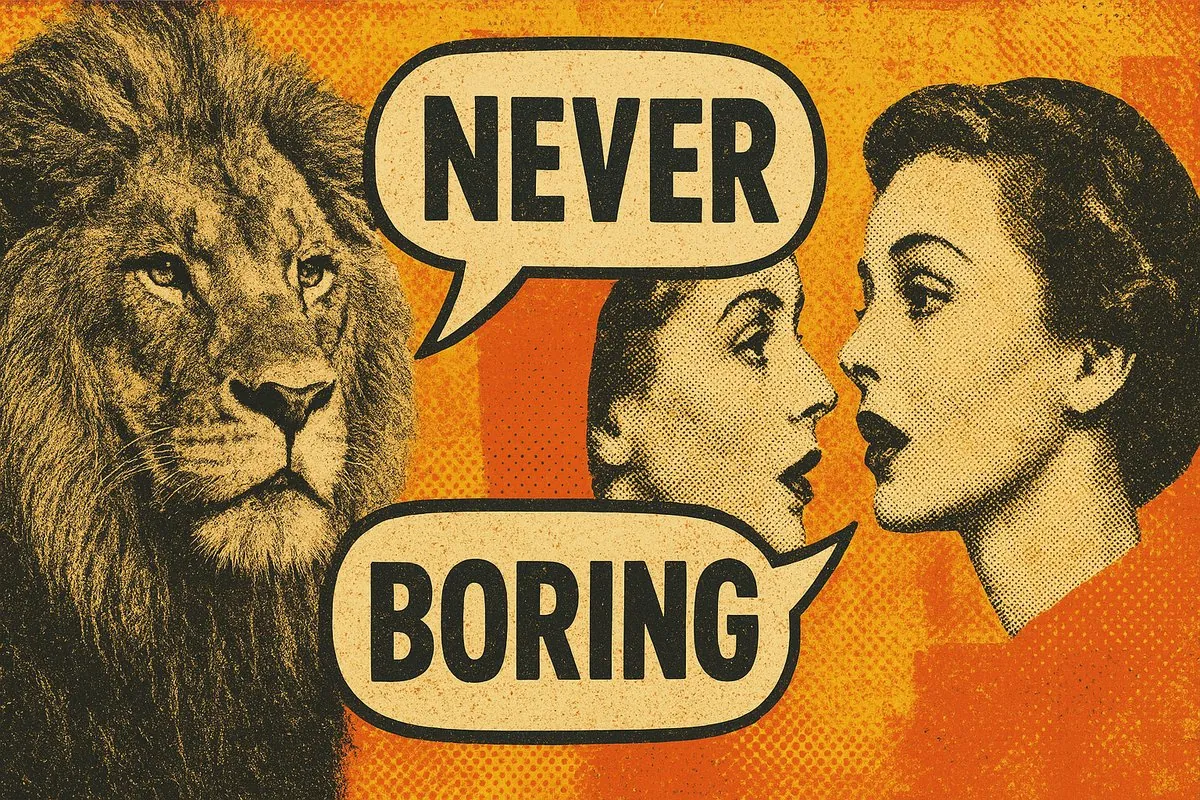 Leo and Gemini compatibility — retro pop-art collage of a lion and twins with vibrant communication imagery